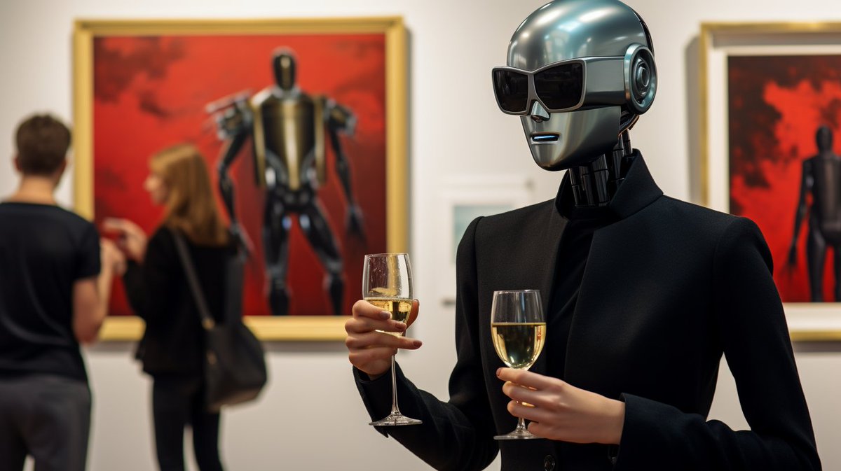 A robot in shades holding champagne flutes in an art gallery