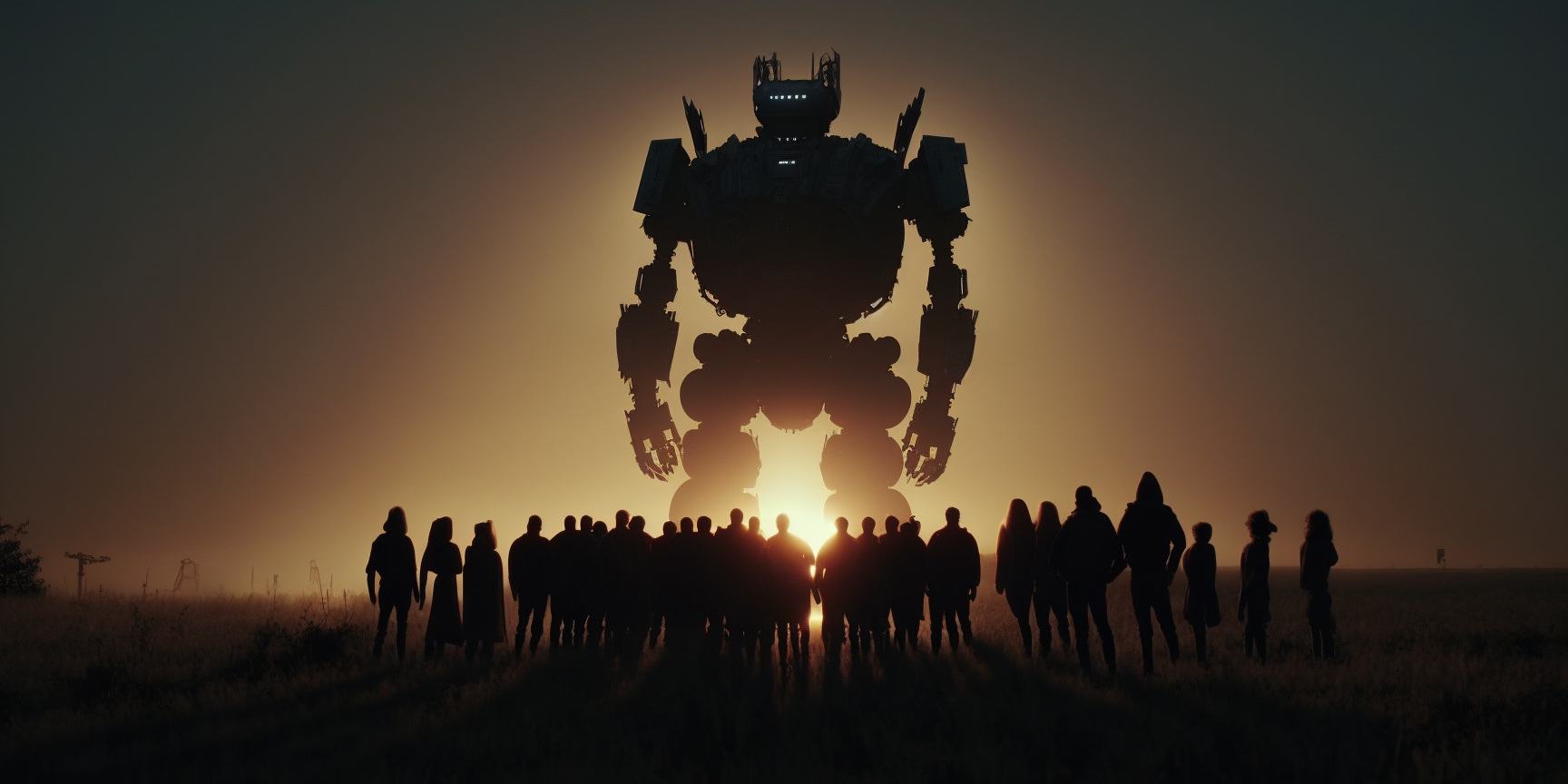 A giant robot at dawn, a crowd is gathering around