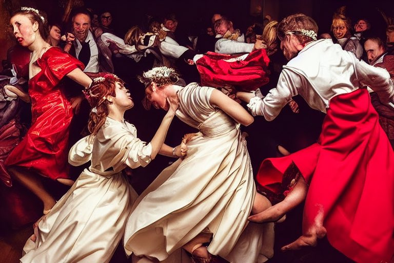Renaissance style AI Art of people in lovely flowing wedding attire in a mass brawl