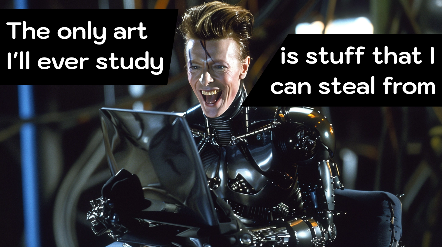 David Bowie as a robot saying "The only art I'll ever study is stuff that I can steal from."