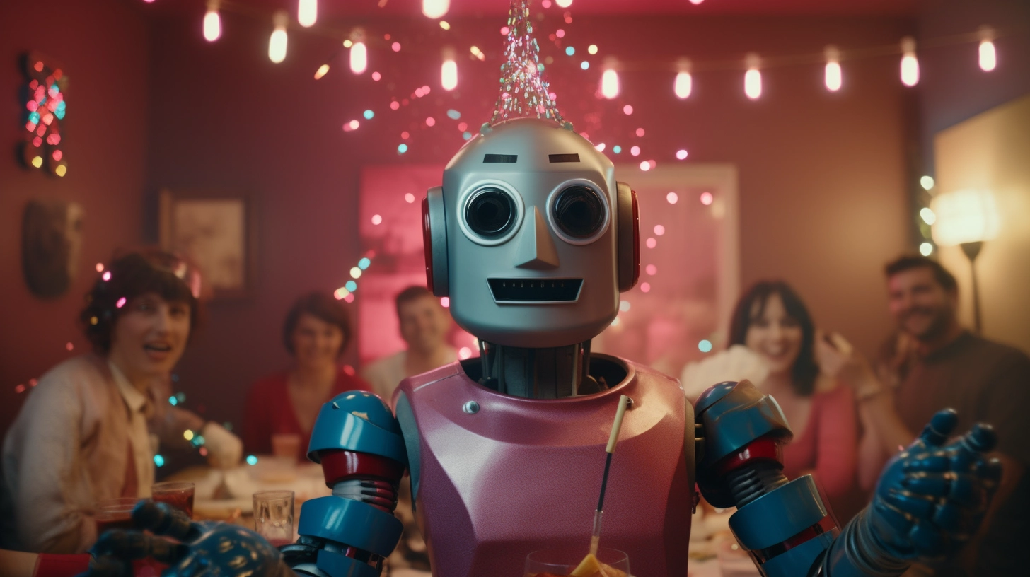 A robot celebrating his first birthday