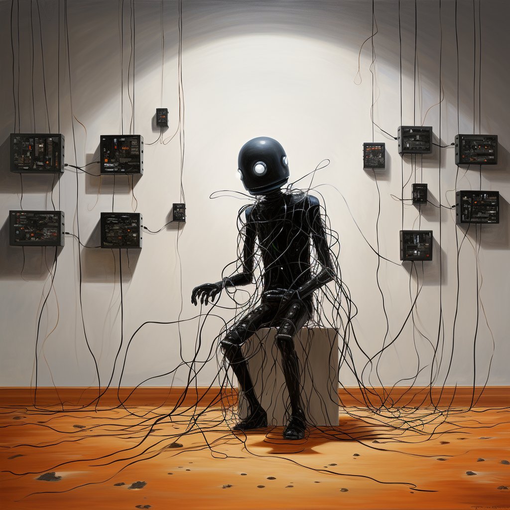 A robot covered in wires on a pedestal in an art gallery