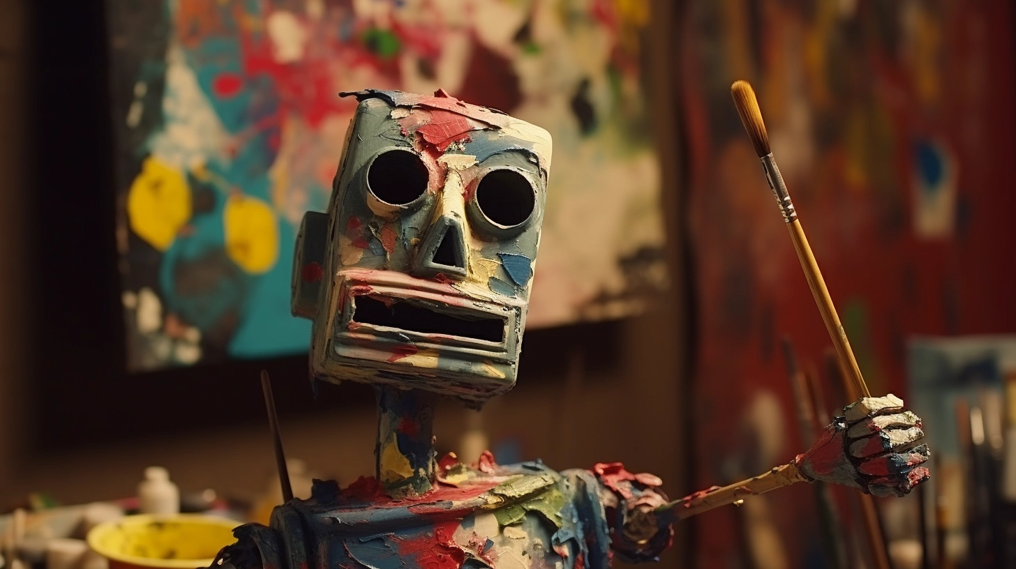 A robot covered in paint holding a paintbrush