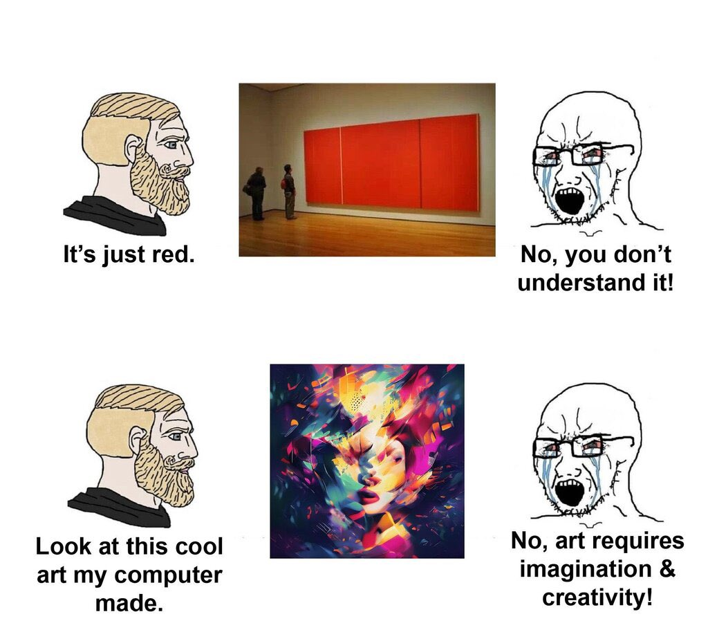 Meme of a hipster looking at a red wall. "It's just red" he says. Grumpy chracter says "No, you don't understand it!". Then hipster is showing an abstract rendition of a lady using lots of colours "Look at this cool art my computer made." Grumpy guy says "No, art requires imagination and creativity!"