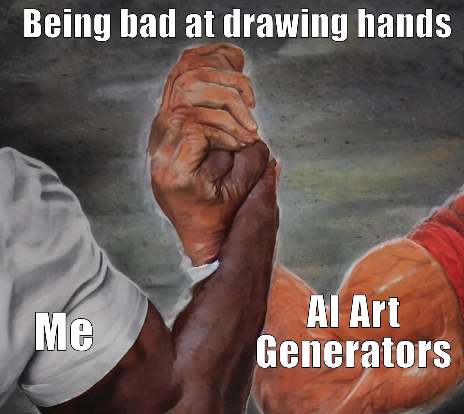 Epic handshake meme. On the left is "me". On the right is "AI Art Generators". In the middle above the handshake is "Being bad at drawing hands". The hands have far too many fingers.
