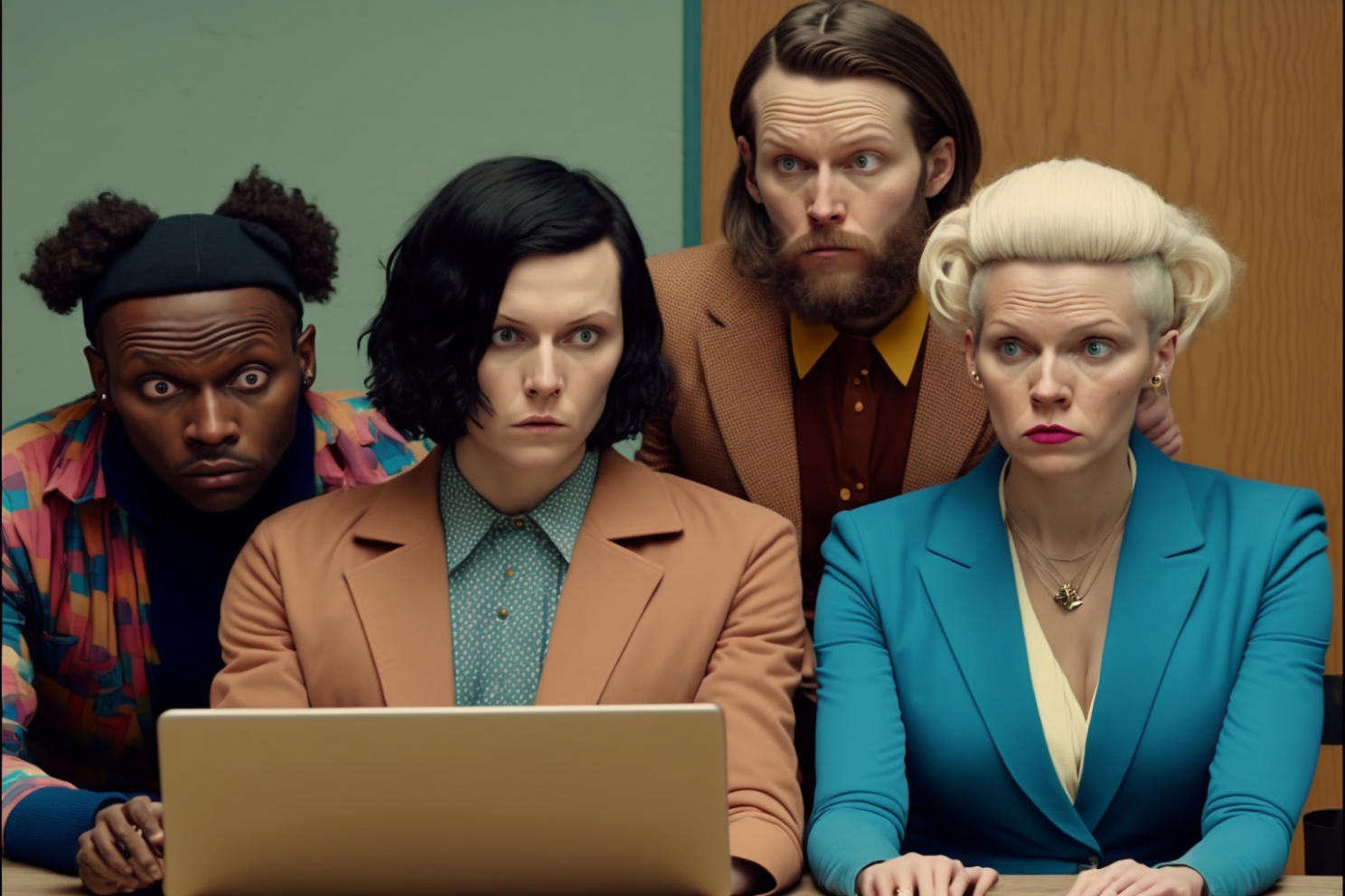 Four office workers ready to conduct a sprint review (in the style of Wes Anderson)