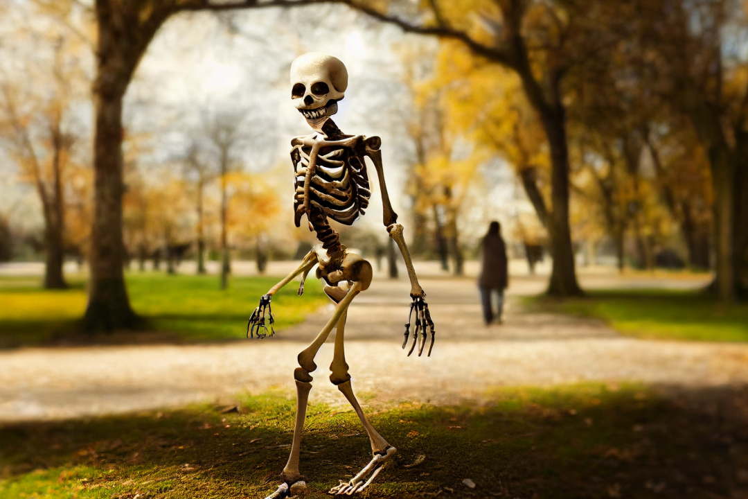 A Skeleton walking through a park