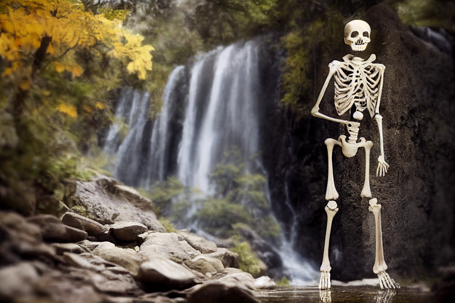 A Walking Skeleton leaving a waterfall